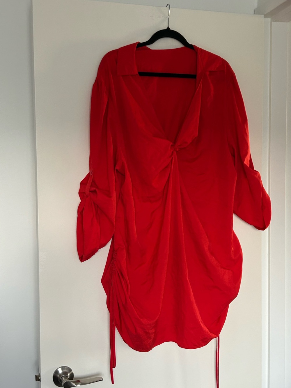 Red Twist-Front Tunic with Gathered Side Detail